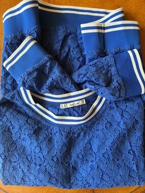 Grifflin Blue Lace Long-Sleeve Top with Stripe Trim